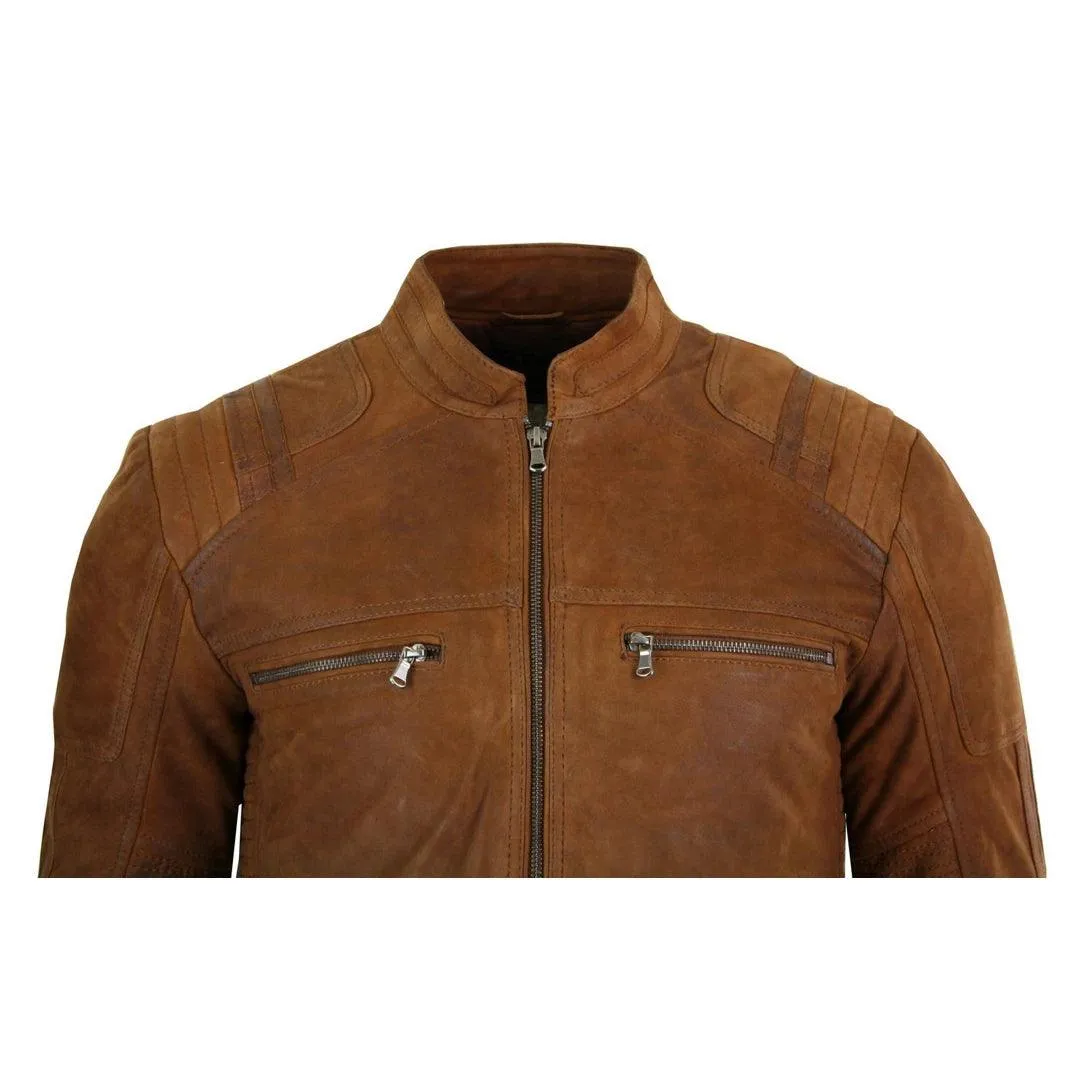 Mens Real Suede Leather Retro Vintage Camel Zip Biker Racing Jacket Washed Nehru Collar