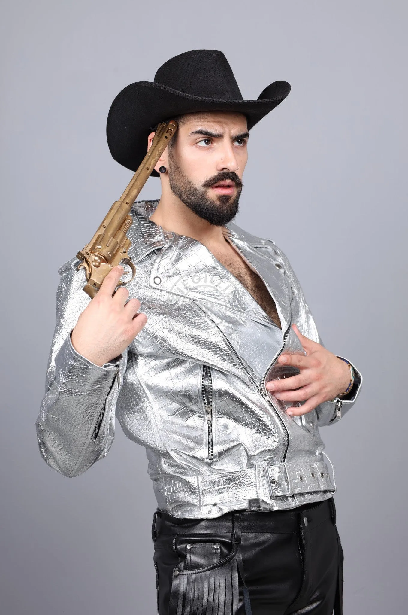 Metallic Leather Snake Biker Jacket - Silver