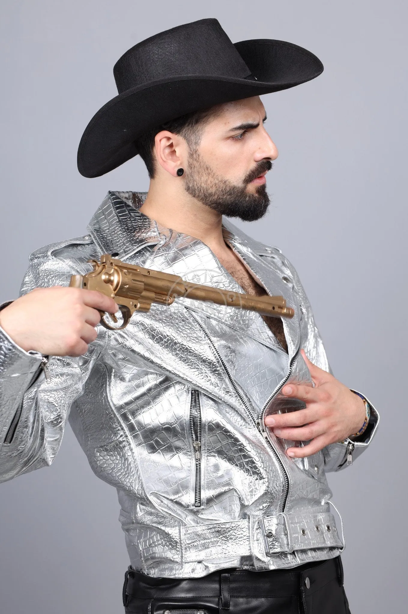 Metallic Leather Snake Biker Jacket - Silver