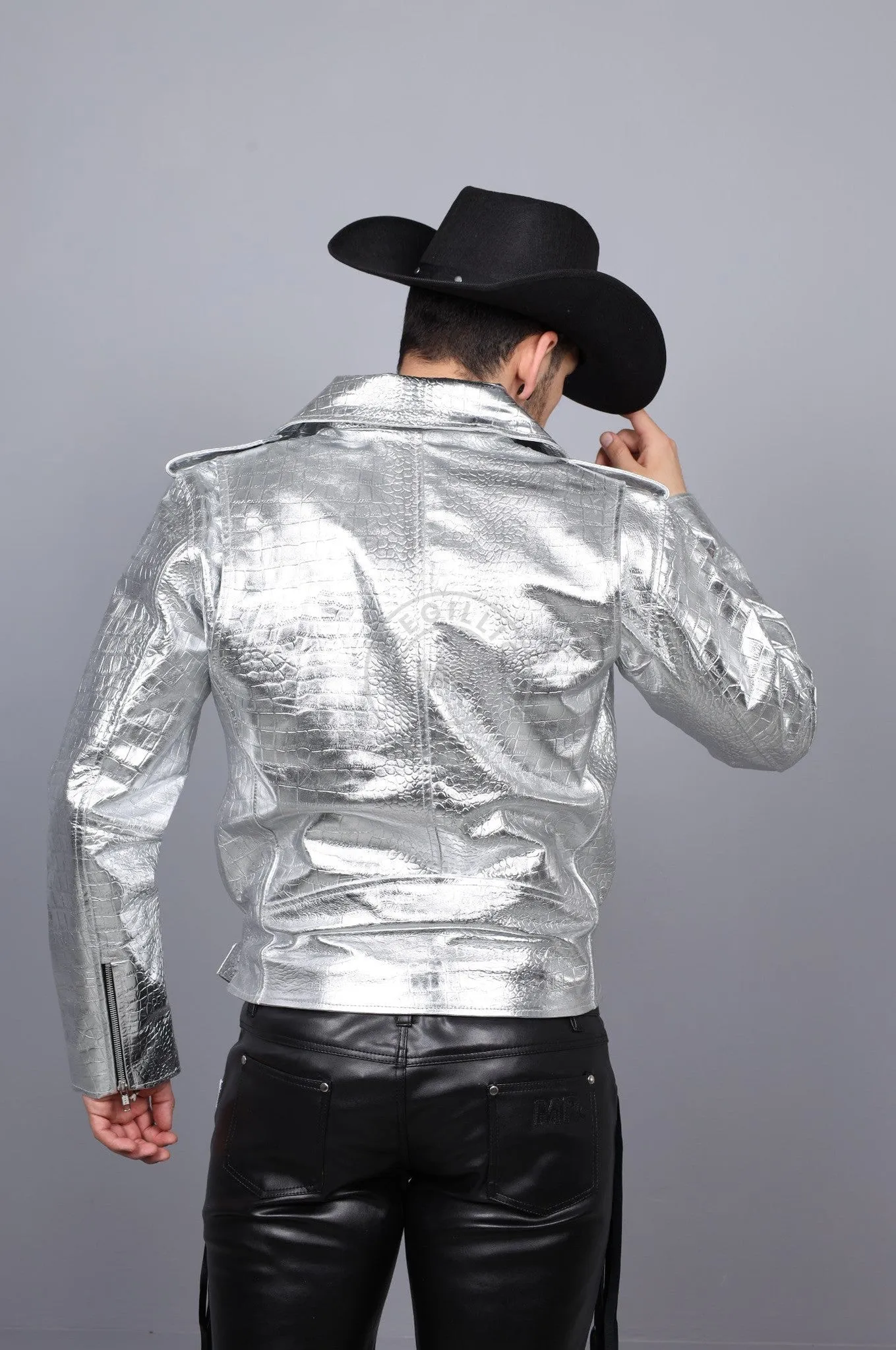 Metallic Leather Snake Biker Jacket - Silver