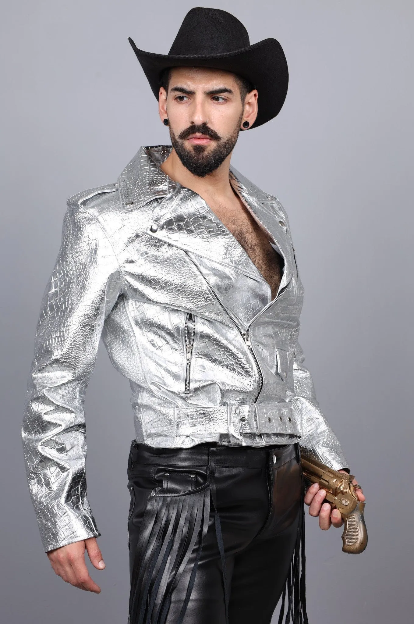 Metallic Leather Snake Biker Jacket - Silver