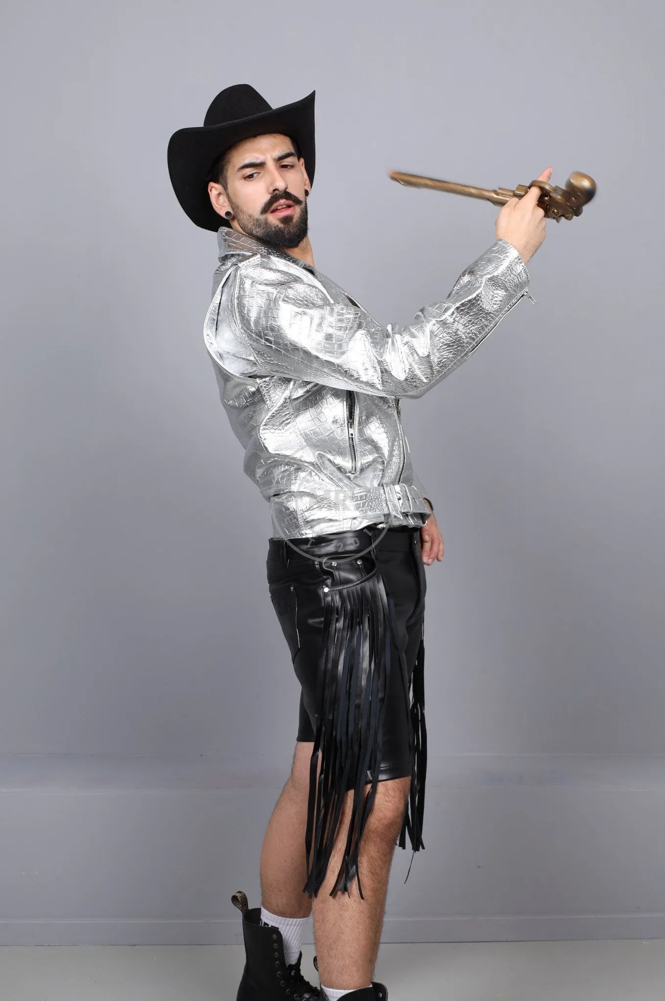 Metallic Leather Snake Biker Jacket - Silver