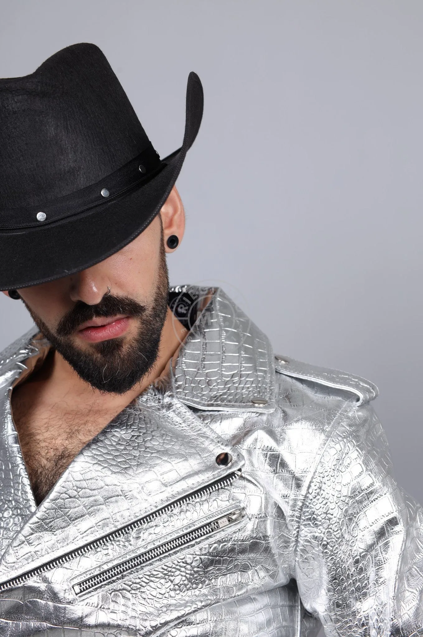 Metallic Leather Snake Biker Jacket - Silver
