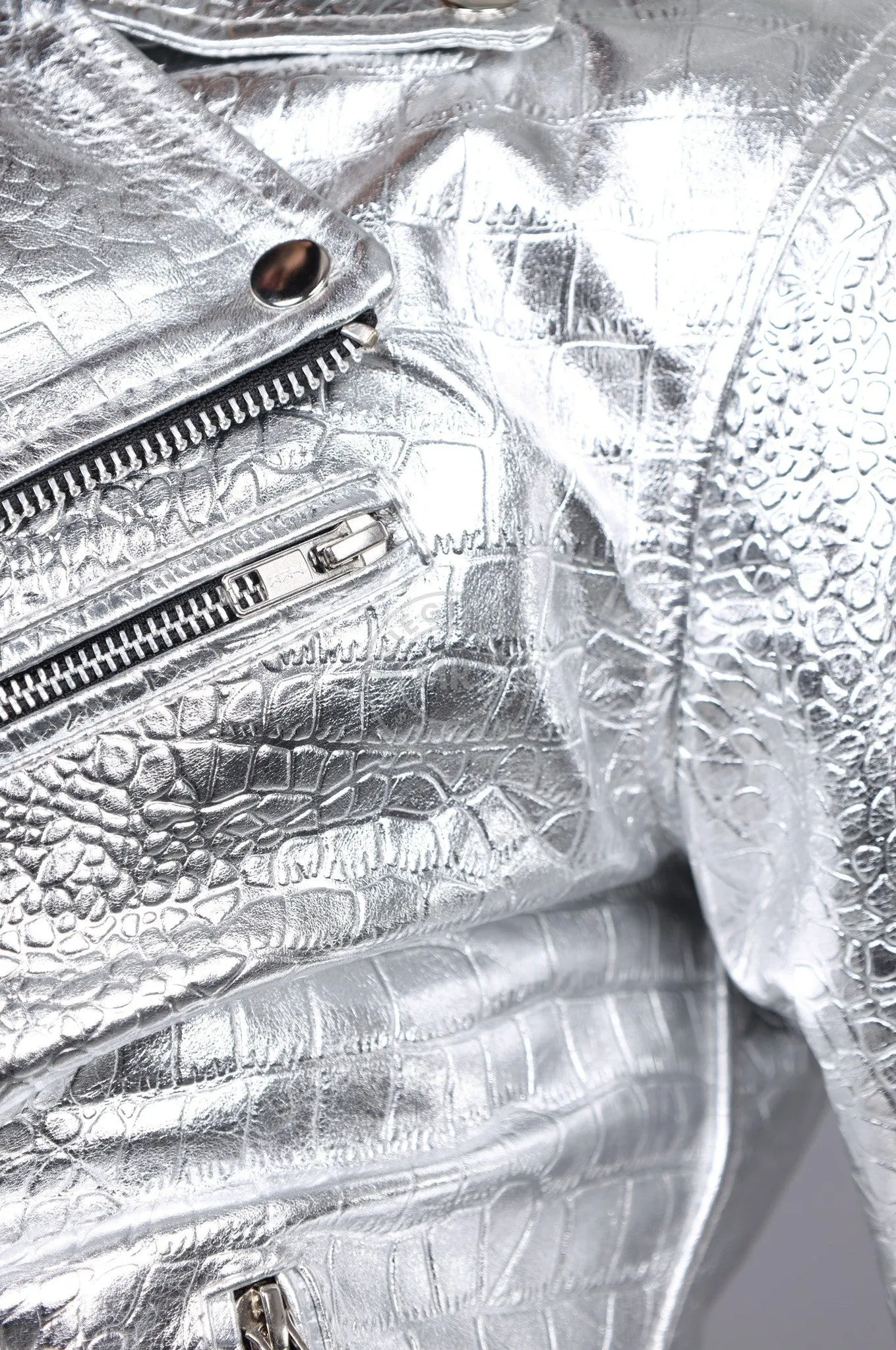 Metallic Leather Snake Biker Jacket - Silver