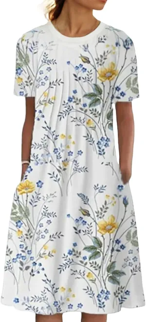 Midi Dresses for Women Boho Floral Print Summer Sundress Crew Neck Short Sleeve T Shirt Dress Tunic Flowy Beach Dress
