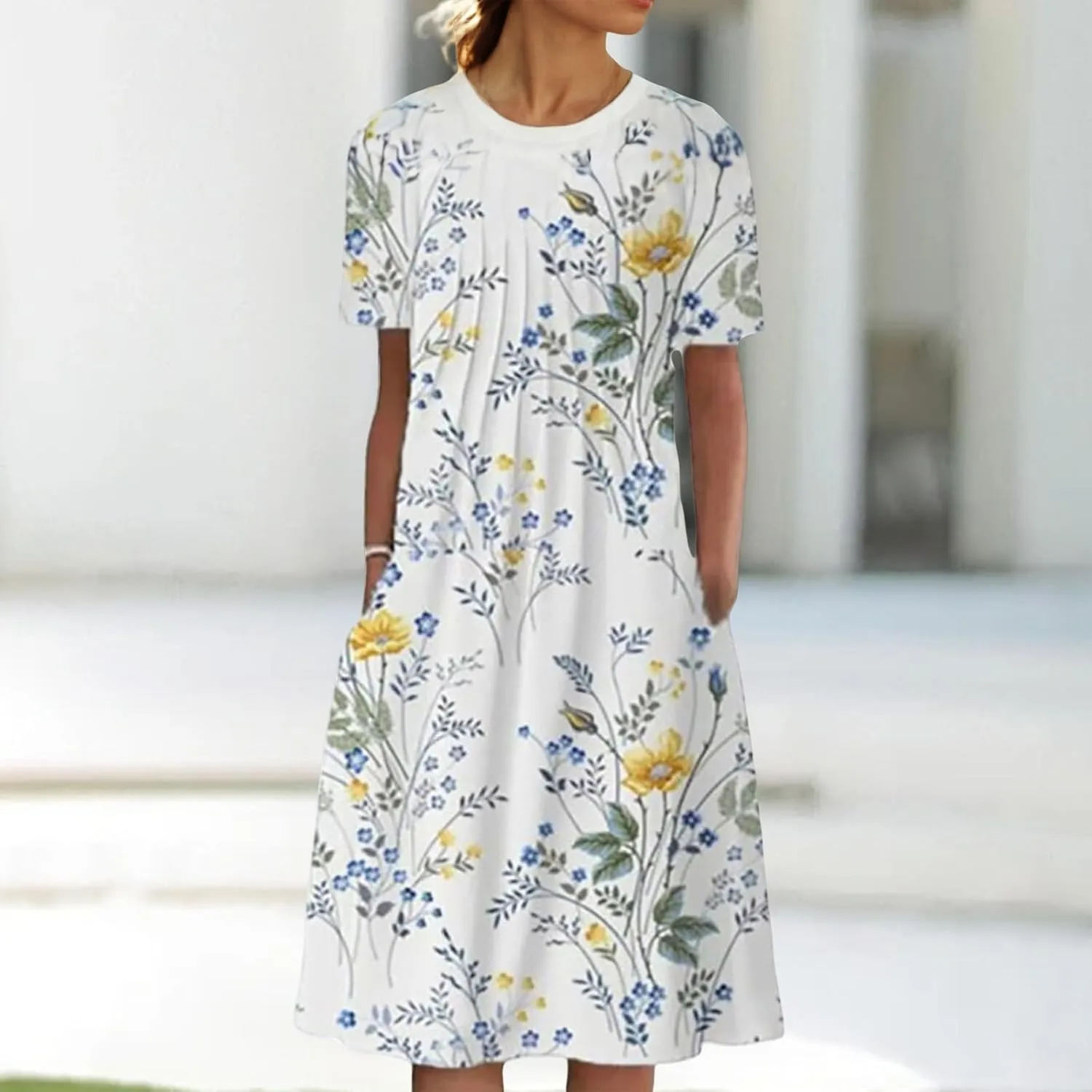 Midi Dresses for Women Boho Floral Print Summer Sundress Crew Neck Short Sleeve T Shirt Dress Tunic Flowy Beach Dress