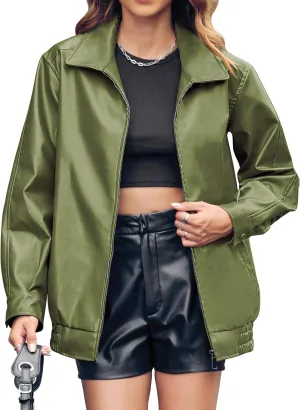 Miladusa Womens Oversized Leather Jackets Faux Casual Zip Up Trendy Bomber Motorcycle Jacket with Pockets S-XL