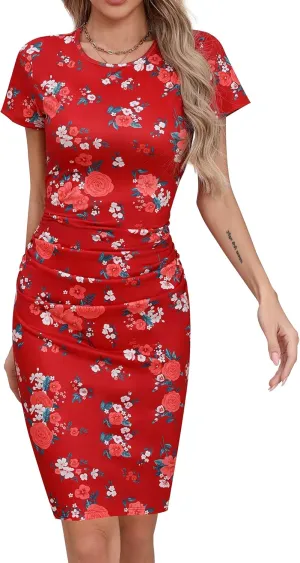 Missufe Women's Long Sleeve Slim Ruched Bodycon Dress 2025 Trendy Fall Casual Round Neck Sheath Knee Length Outfits Clothes