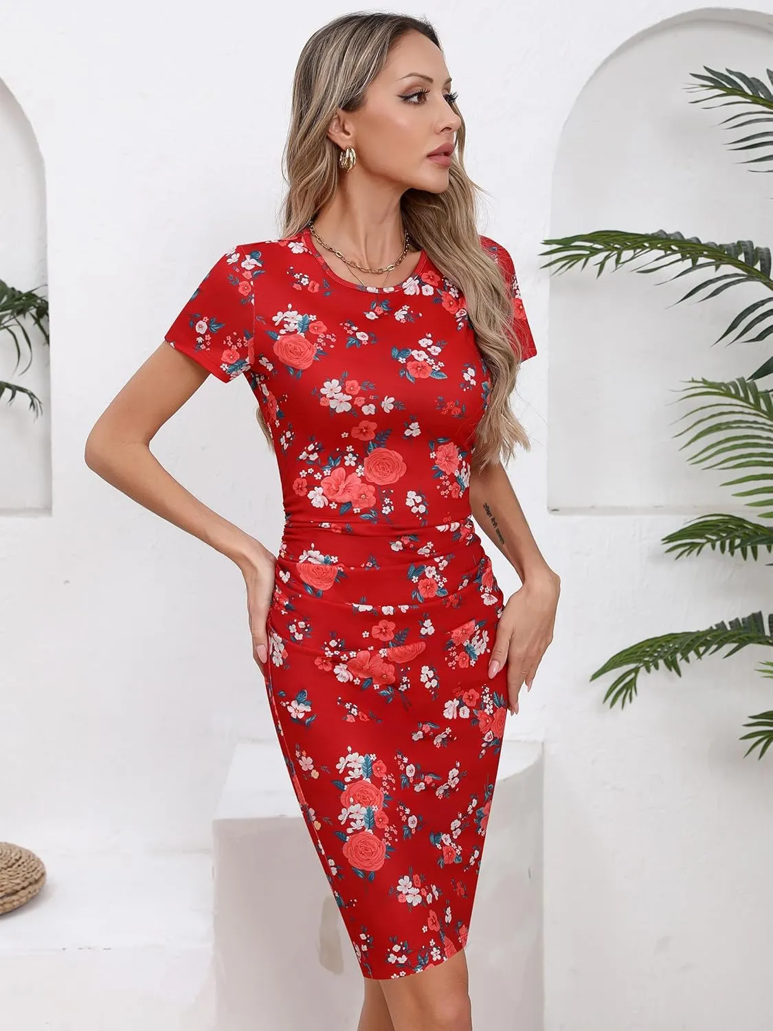 Missufe Women's Long Sleeve Slim Ruched Bodycon Dress 2025 Trendy Fall Casual Round Neck Sheath Knee Length Outfits Clothes