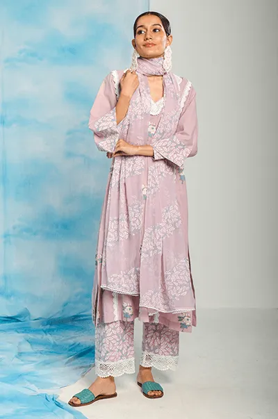 Nargis Lilac Floral Printed Choga with Jaal Printed Palazzo and Dupatta- Set of 3