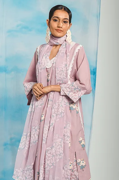 Nargis Lilac Floral Printed Choga with Jaal Printed Palazzo and Dupatta- Set of 3
