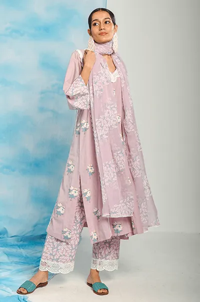 Nargis Lilac Floral Printed Choga with Jaal Printed Palazzo and Dupatta- Set of 3