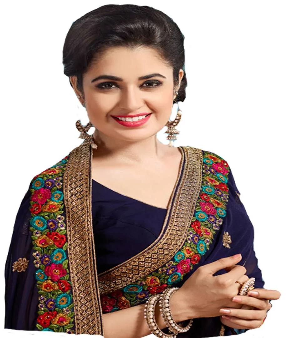Navy Blue Embroidered Georgette Saree With Blouse Piece