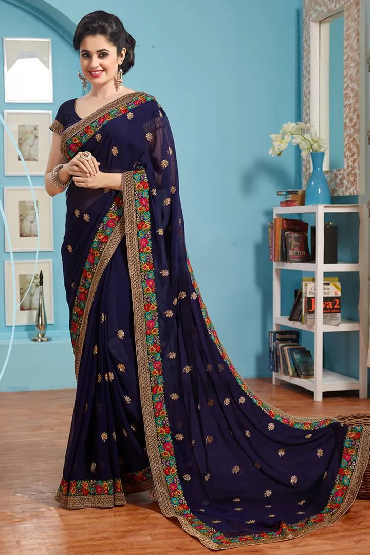 Navy Blue Embroidered Georgette Saree With Blouse Piece