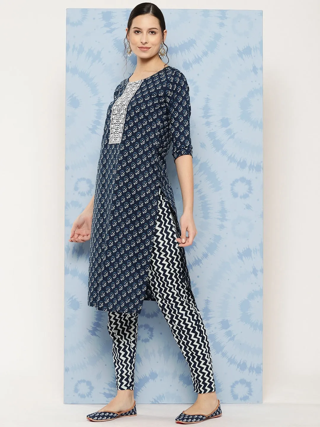 Navy Blue Ethnic Motifs Embroidered Detail Printed Pure Cotton Kurta Set With Dupatta