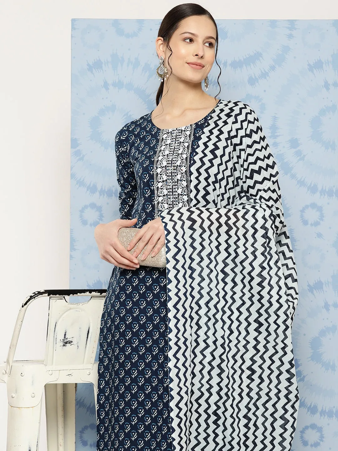 Navy Blue Ethnic Motifs Embroidered Detail Printed Pure Cotton Kurta Set With Dupatta