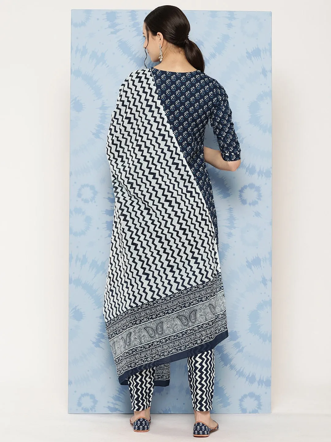 Navy Blue Ethnic Motifs Embroidered Detail Printed Pure Cotton Kurta Set With Dupatta