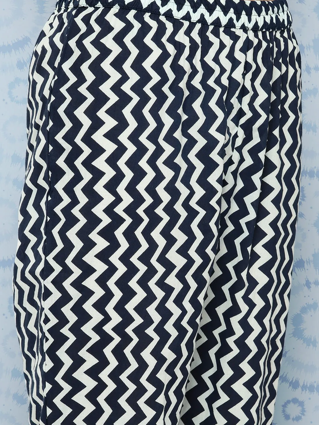 Navy Blue Ethnic Motifs Embroidered Detail Printed Pure Cotton Kurta Set With Dupatta