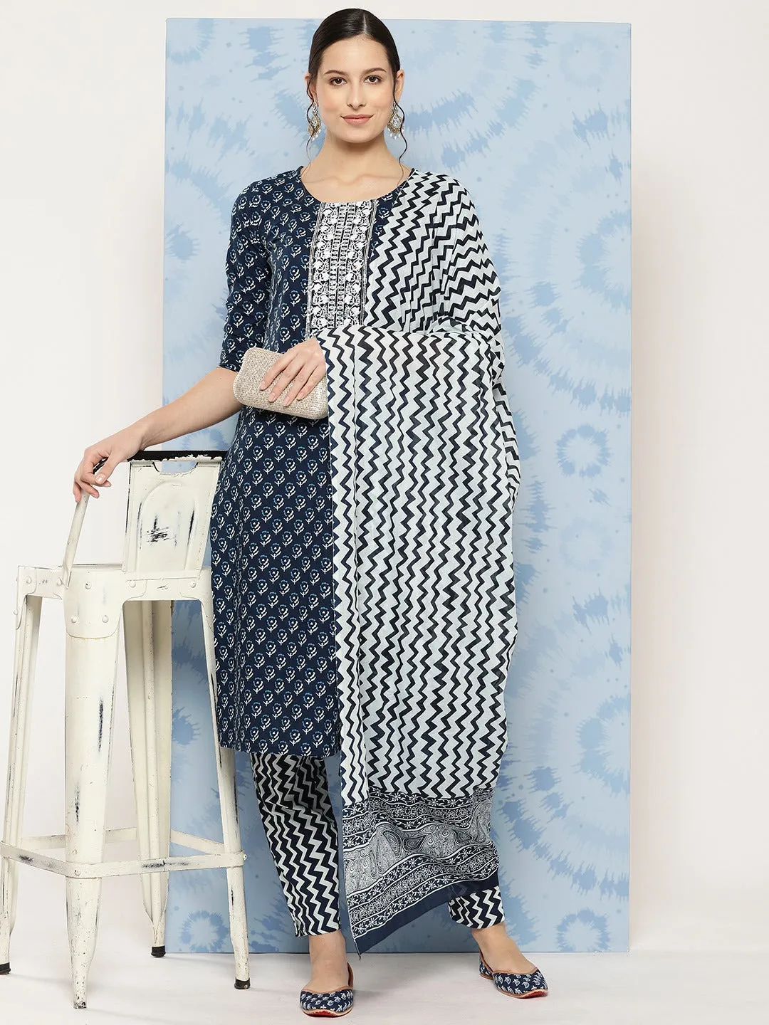 Navy Blue Ethnic Motifs Embroidered Detail Printed Pure Cotton Kurta Set With Dupatta