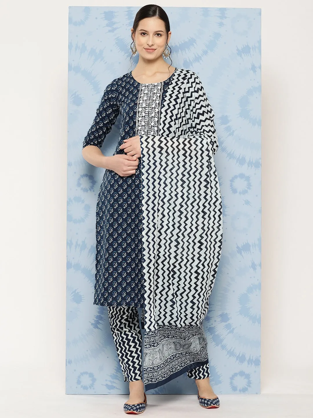 Navy Blue Ethnic Motifs Embroidered Detail Printed Pure Cotton Kurta Set With Dupatta
