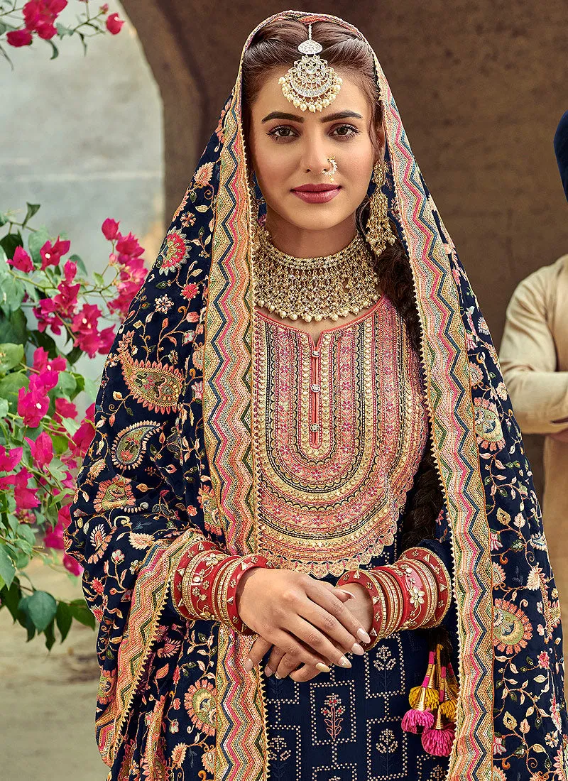 Navy Blue Multicoloured Embroidered Georgette Palazzo Suit