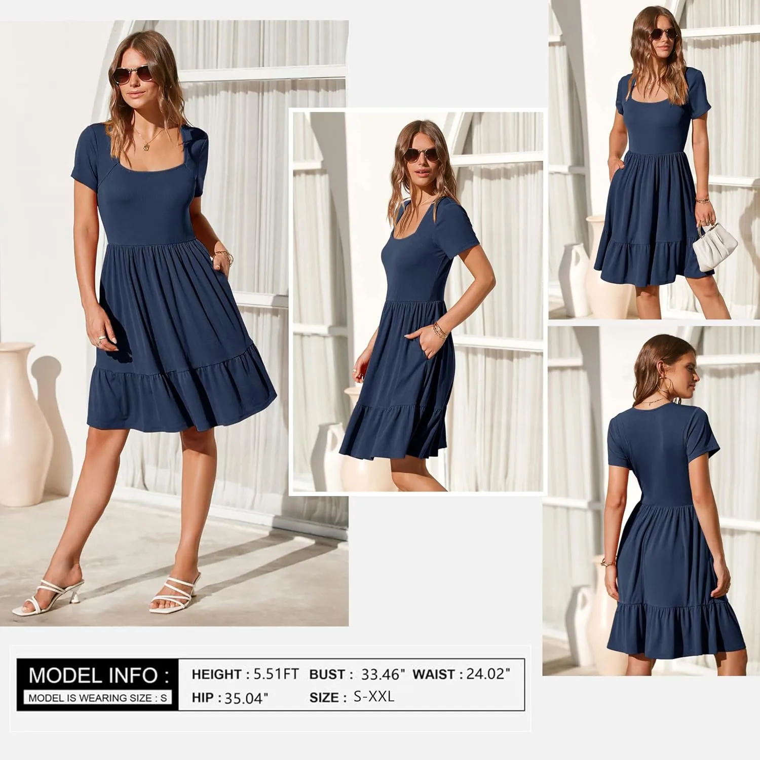 Newshows Women 2025 Summer Dress Square Neck Formal Short Sleeve Business Casual Outfits Ruffle Spring Pockets Sundress