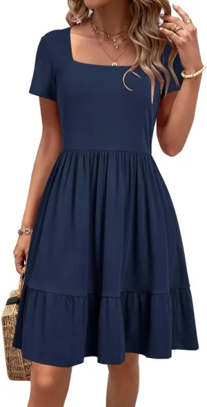 Newshows Women 2025 Summer Dress Square Neck Formal Short Sleeve Business Casual Outfits Ruffle Spring Pockets Sundress