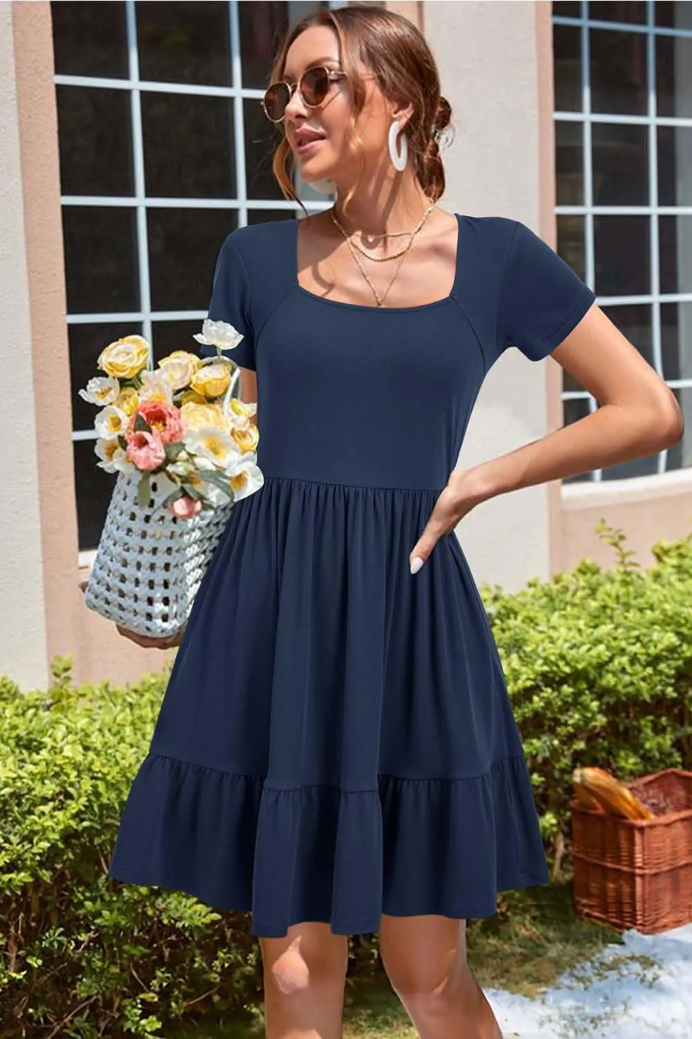 Newshows Women 2025 Summer Dress Square Neck Formal Short Sleeve Business Casual Outfits Ruffle Spring Pockets Sundress