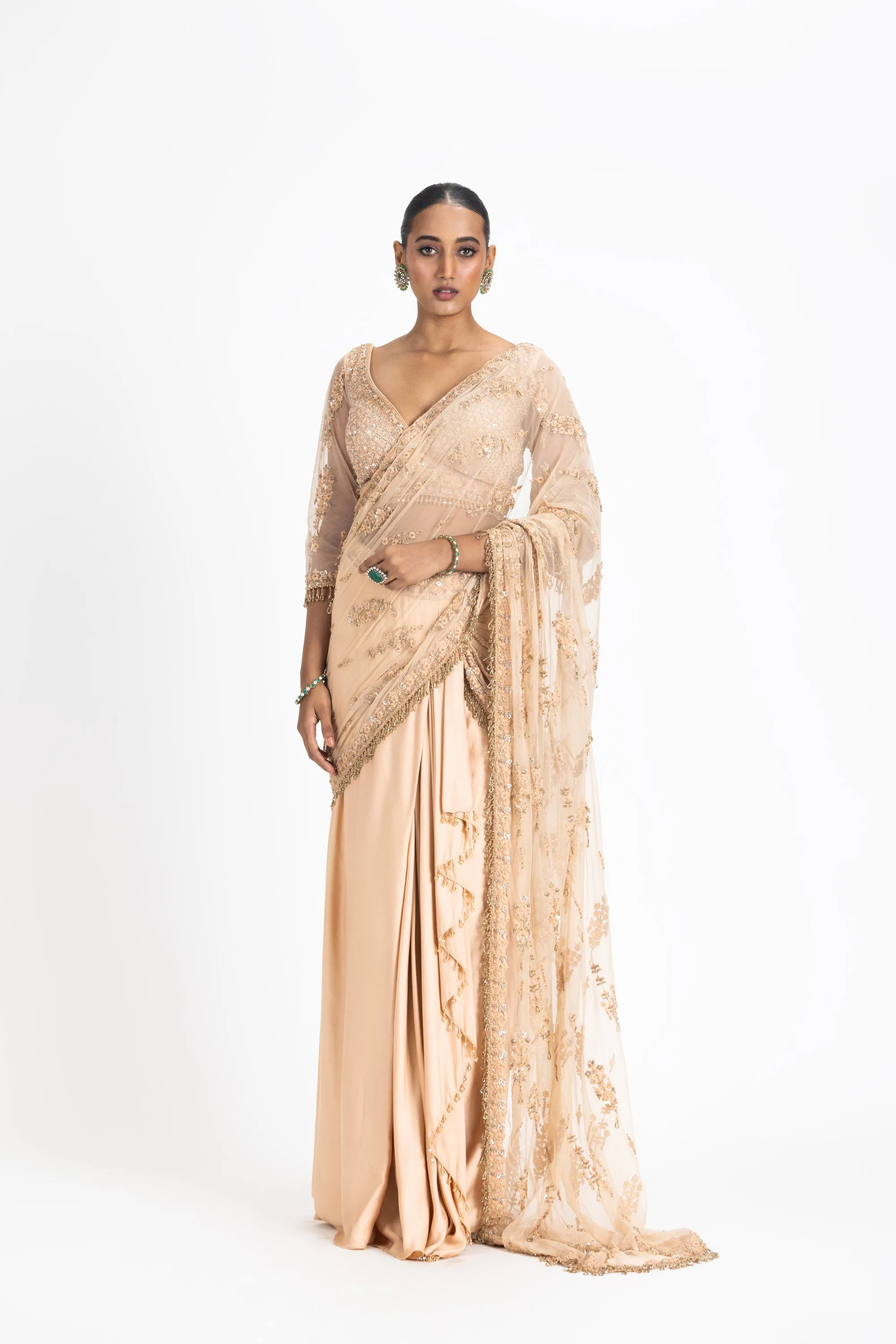 NUDE SATIN DRAPED SAREE