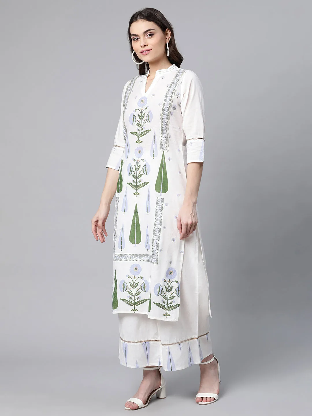 Off White Pure Cotton Printed Kurta Palazzo Set With Dupatta