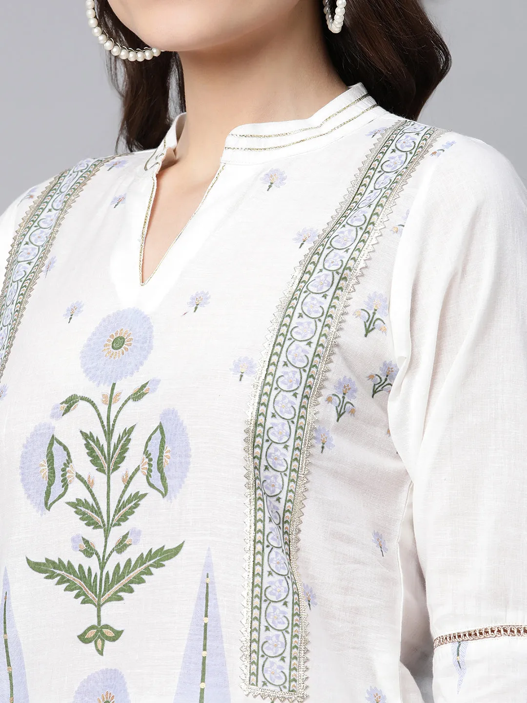 Off White Pure Cotton Printed Kurta Palazzo Set With Dupatta