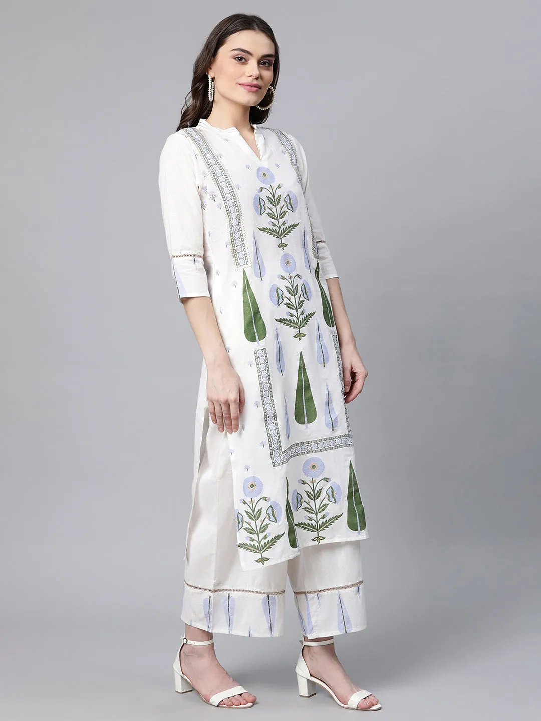 Off White Pure Cotton Printed Kurta Palazzo Set With Dupatta