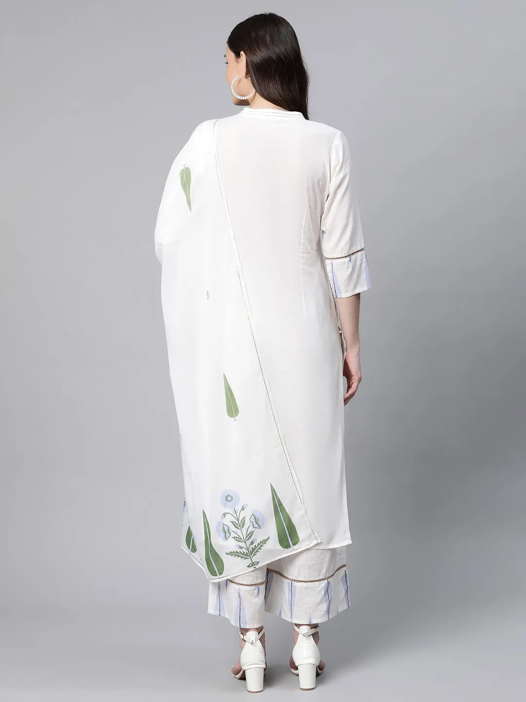 Off White Pure Cotton Printed Kurta Palazzo Set With Dupatta