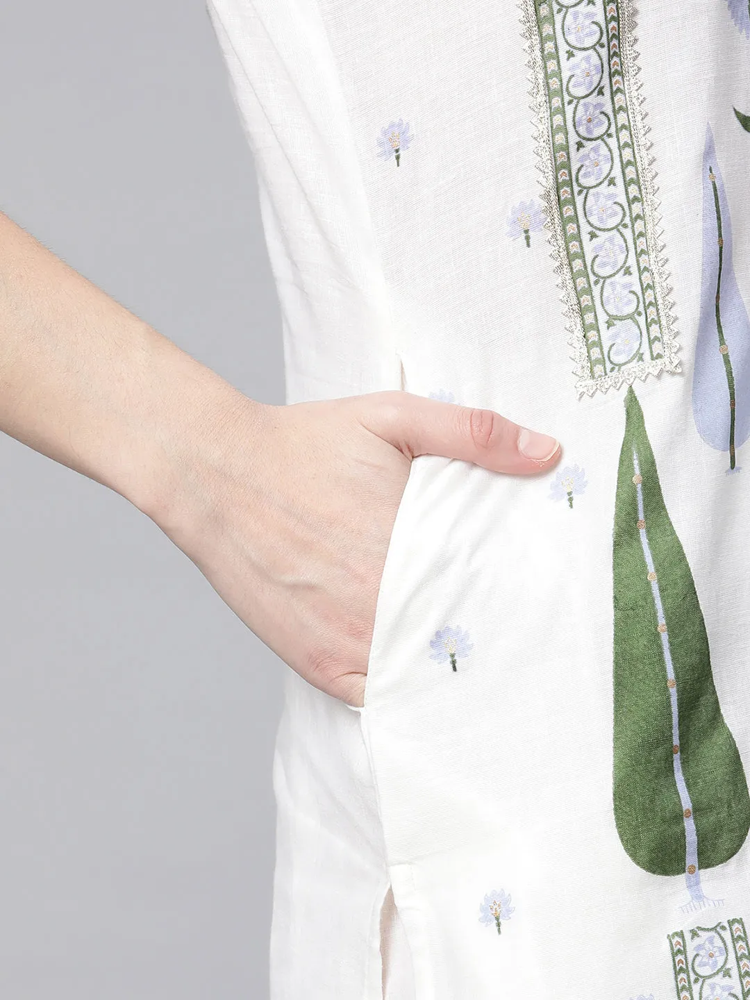 Off White Pure Cotton Printed Kurta Palazzo Set With Dupatta