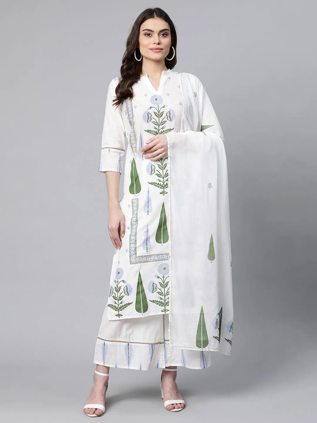Off White Pure Cotton Printed Kurta Palazzo Set With Dupatta