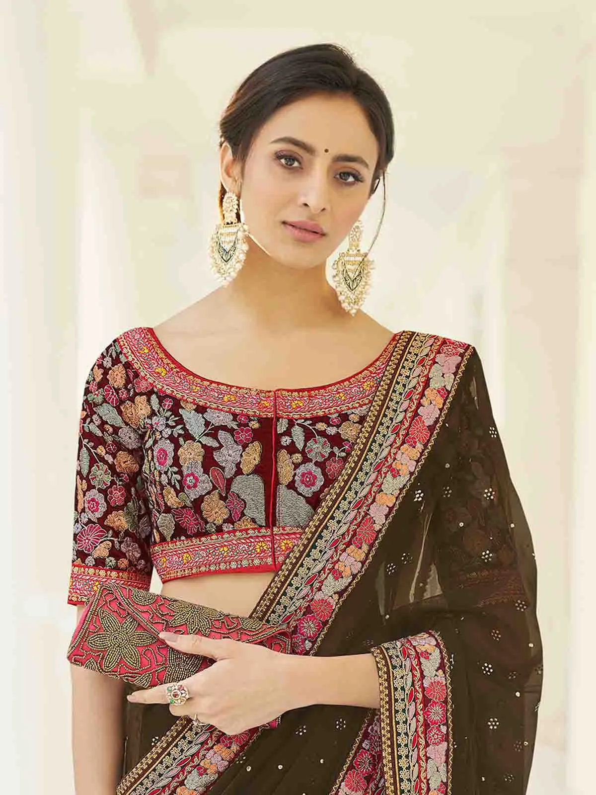 Olive Organza Embroidered Saree With Unstitched Blouse