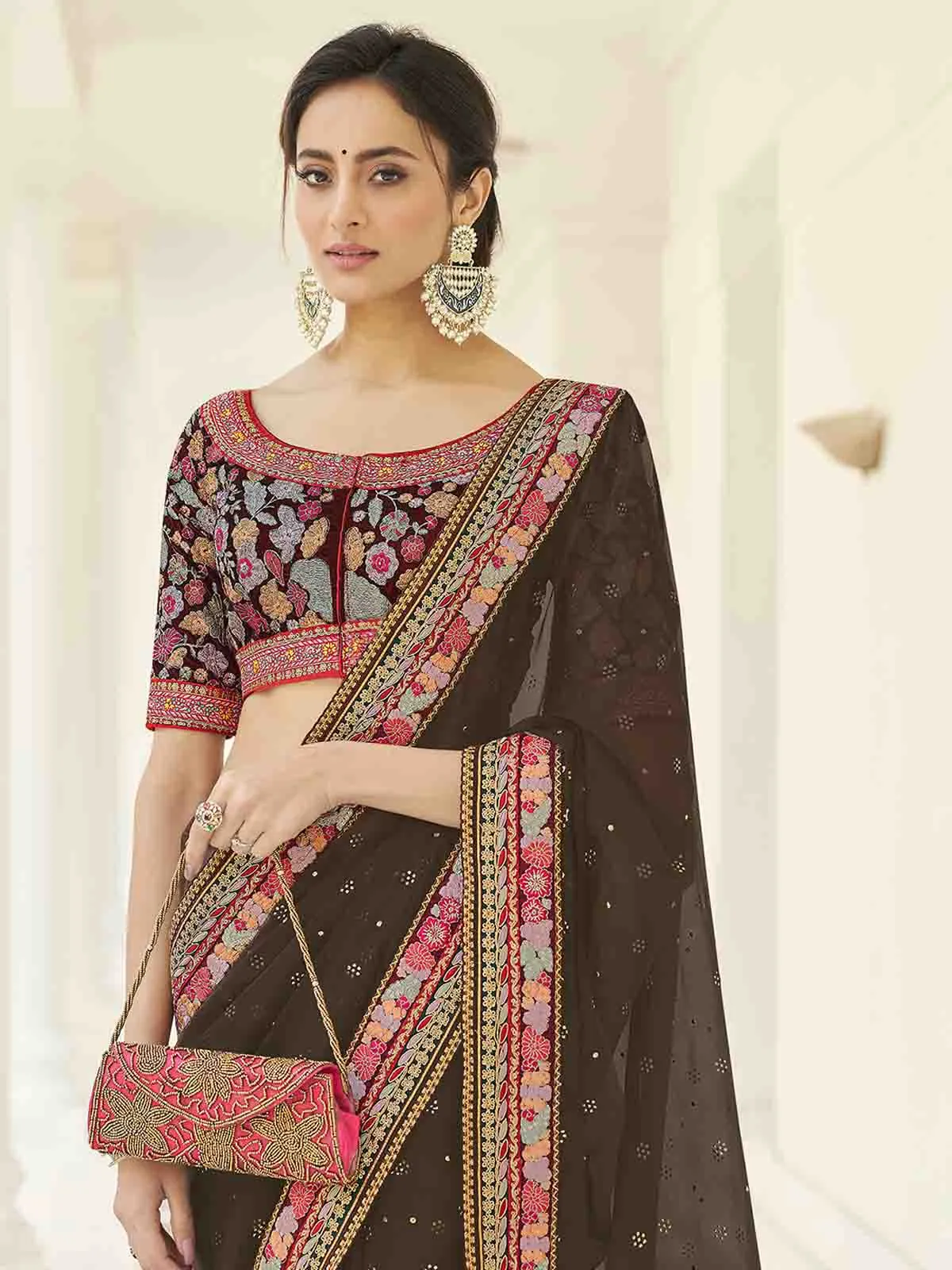 Olive Organza Embroidered Saree With Unstitched Blouse