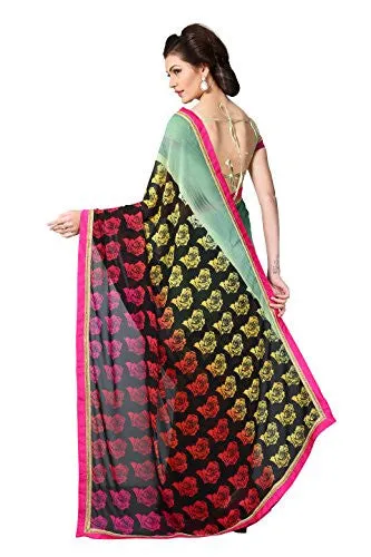 Oomph! Women's Georgette Saree (rbdp_ms2795b_Pistachio Green &amp; Salmon &amp; Dandelion Yellow_Free Size)