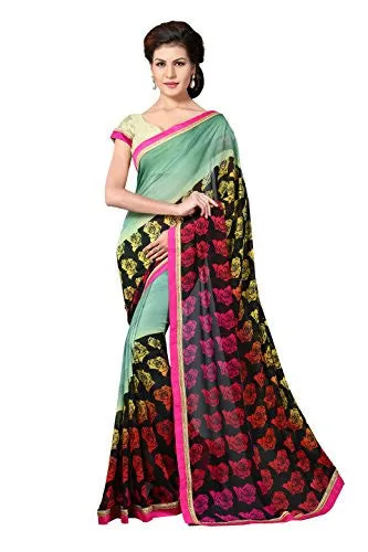 Oomph! Women's Georgette Saree (rbdp_ms2795b_Pistachio Green &amp; Salmon &amp; Dandelion Yellow_Free Size)