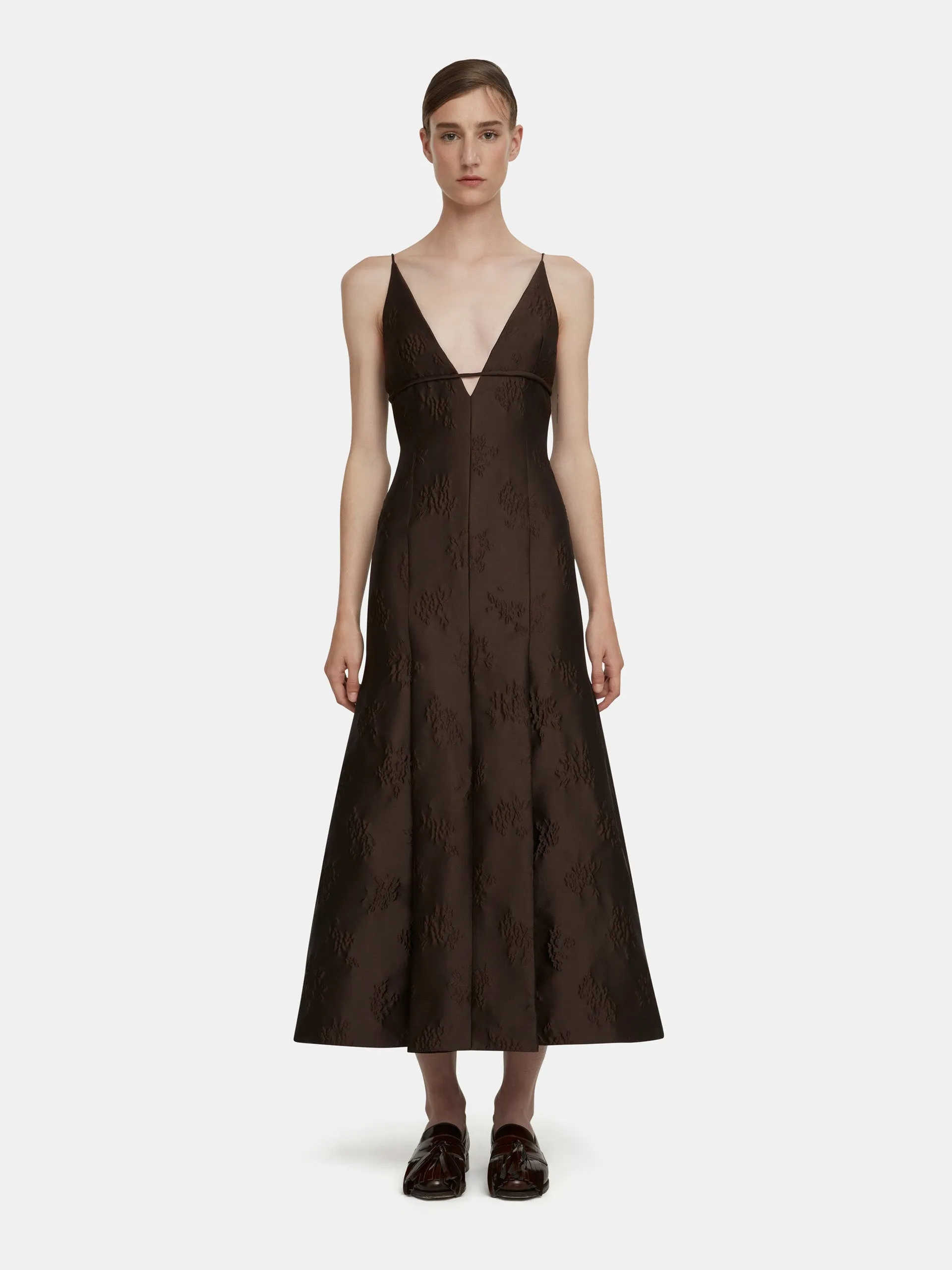 Opal dress in brown floral jacquard