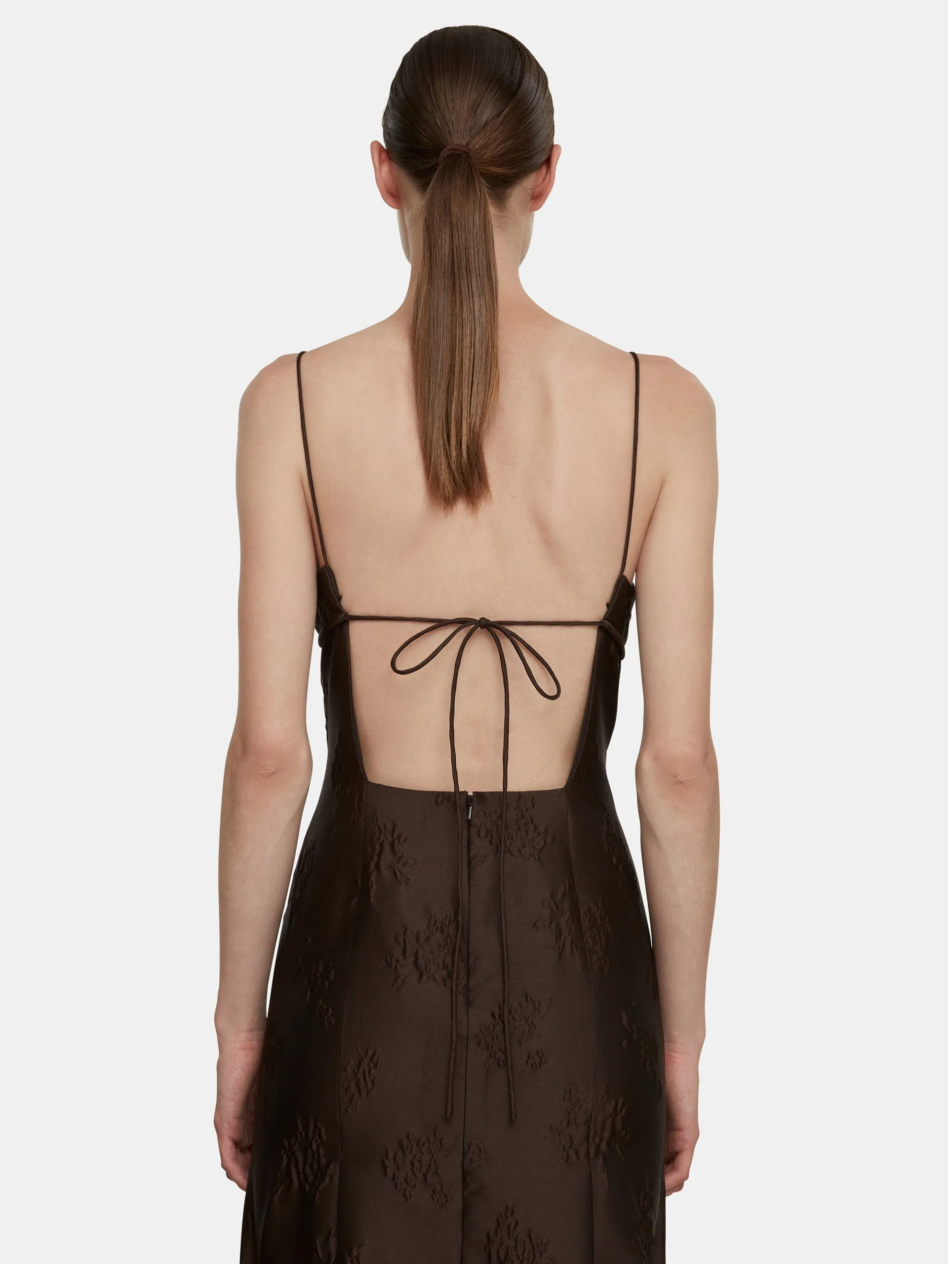 Opal dress in brown floral jacquard