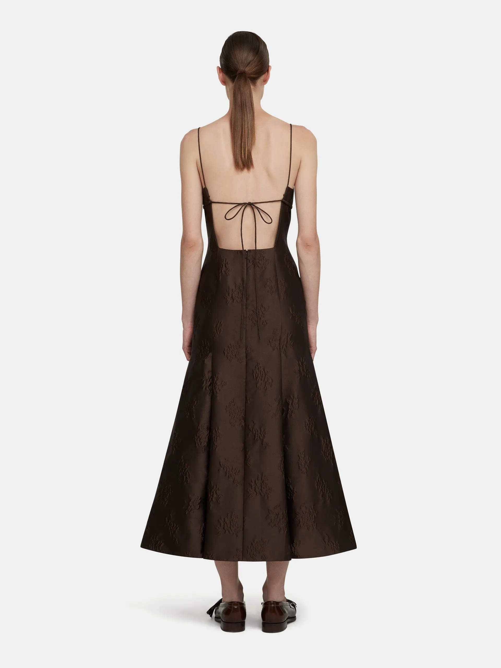 Opal dress in brown floral jacquard