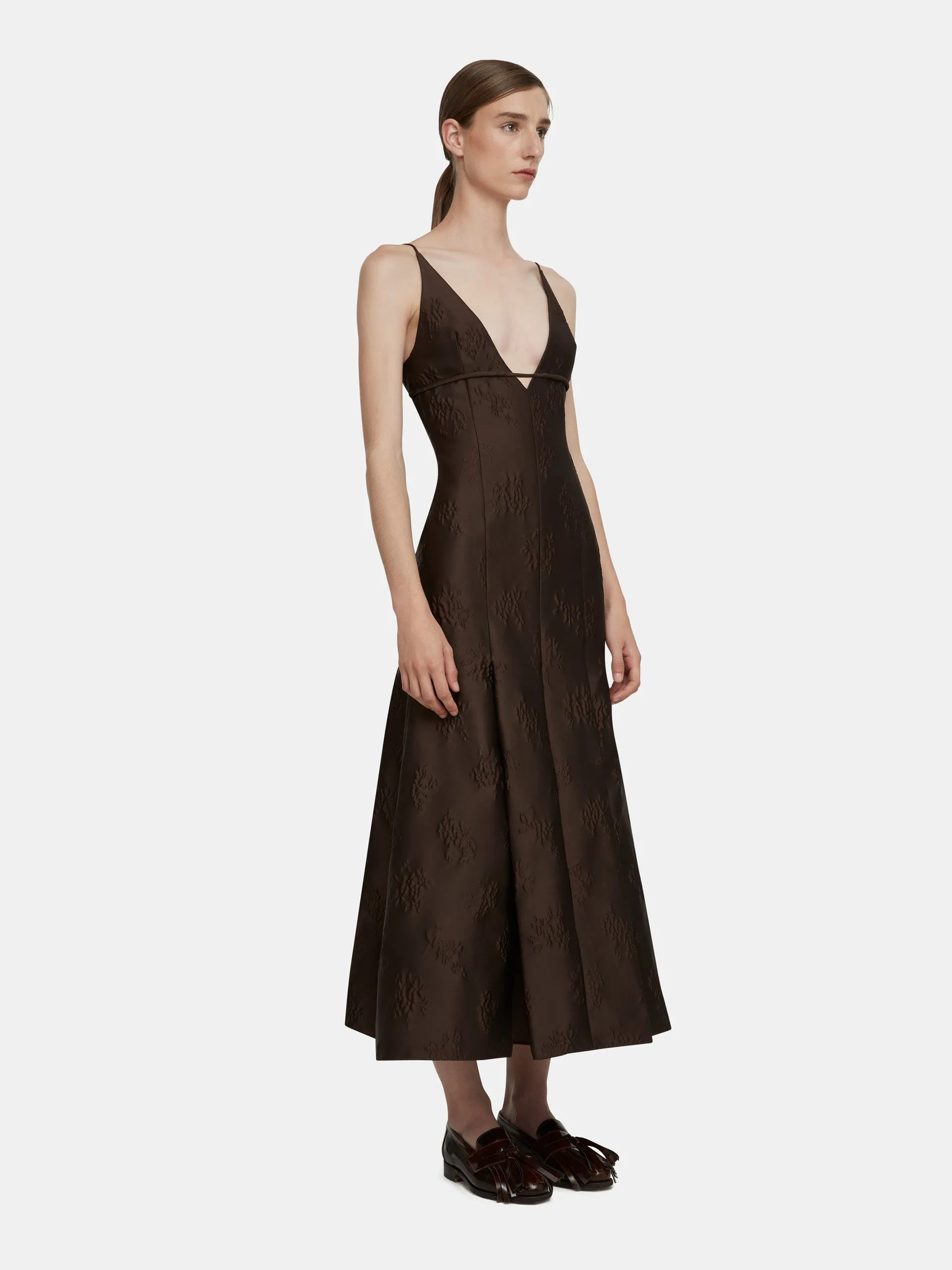 Opal dress in brown floral jacquard
