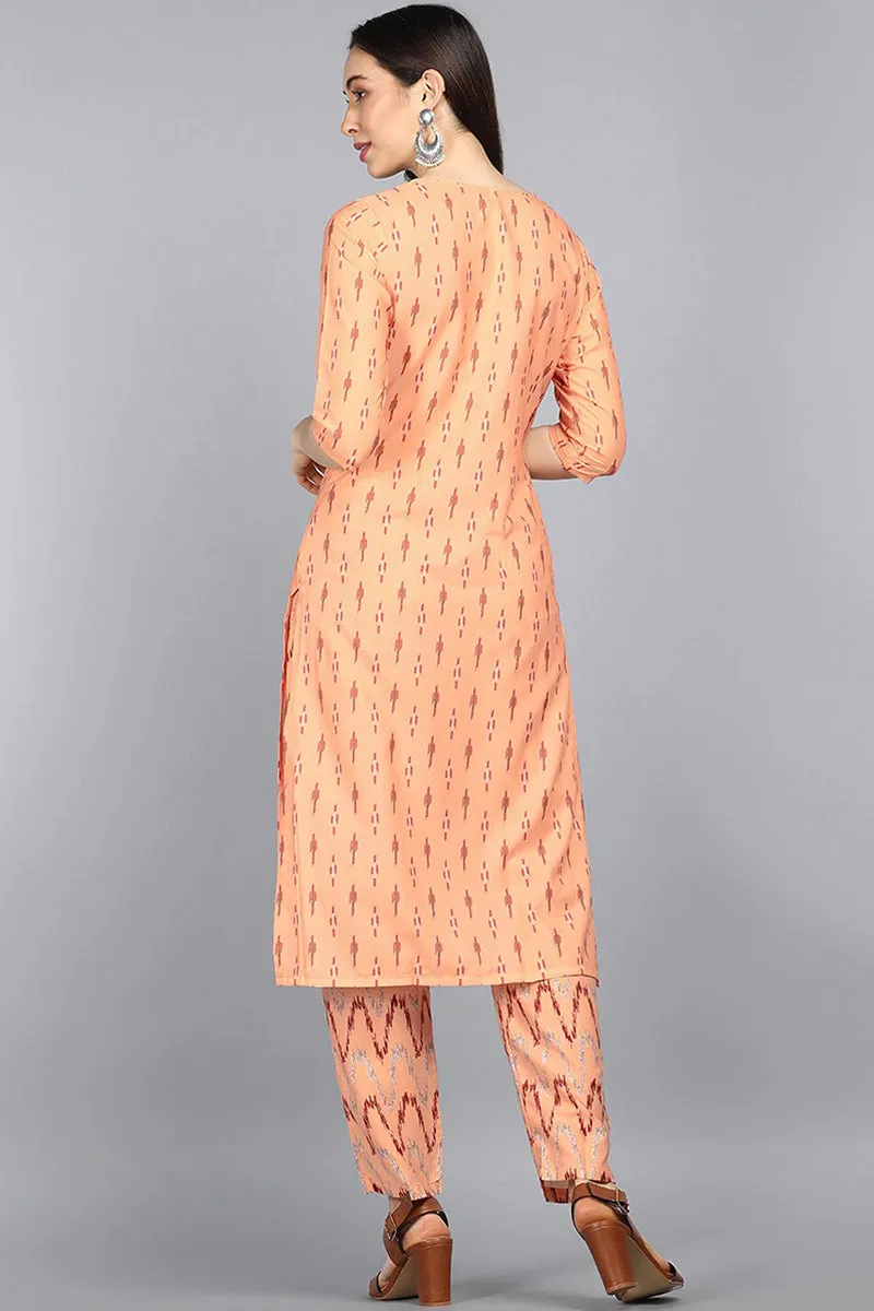 Orange Crepe Abstract Print Straight Kurta Palazzo Set
