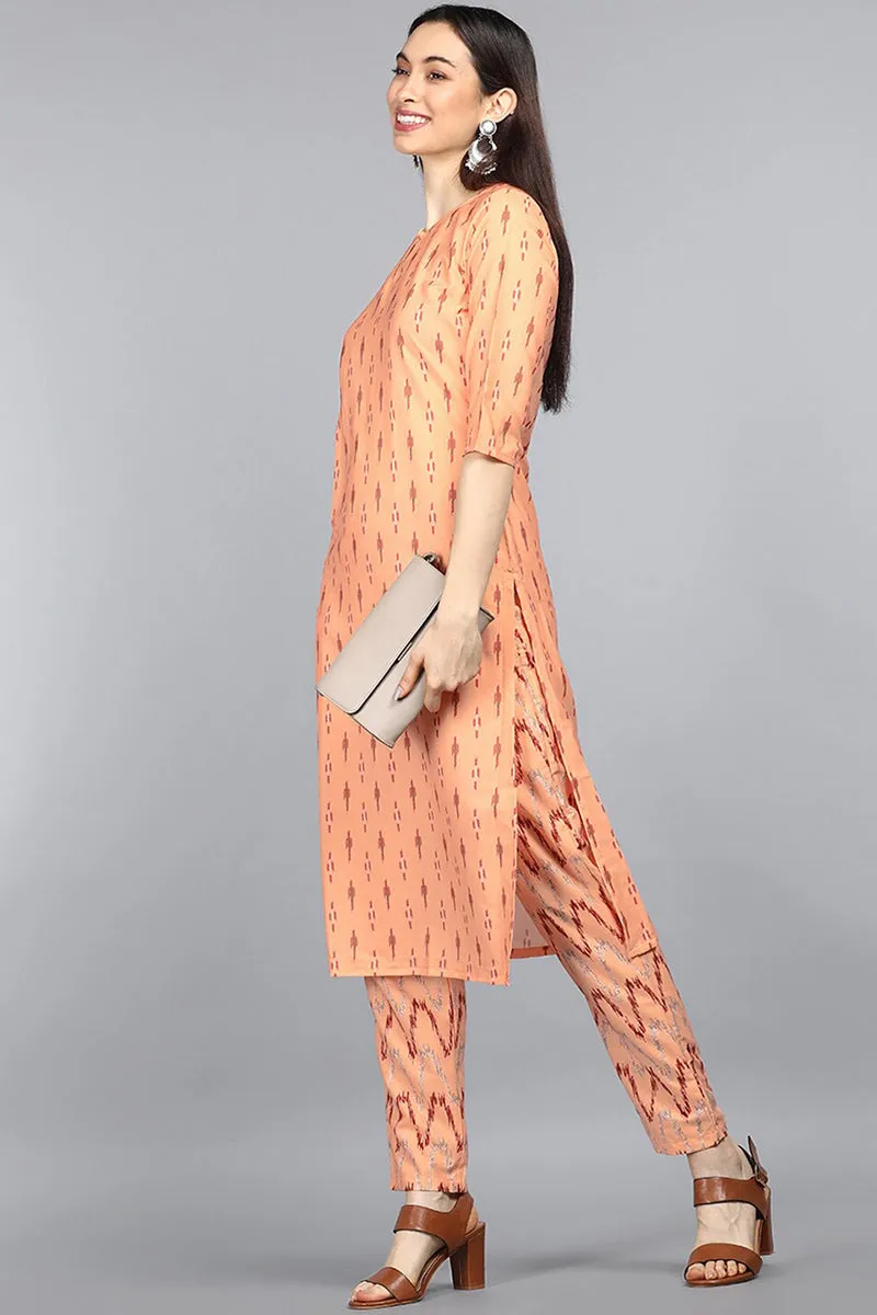 Orange Crepe Abstract Print Straight Kurta Palazzo Set