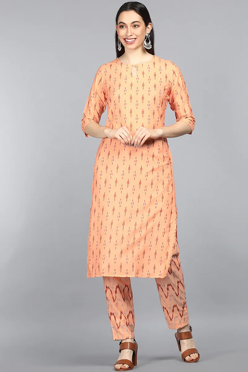 Orange Crepe Abstract Print Straight Kurta Palazzo Set