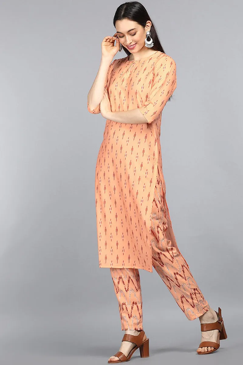 Orange Crepe Abstract Print Straight Kurta Palazzo Set