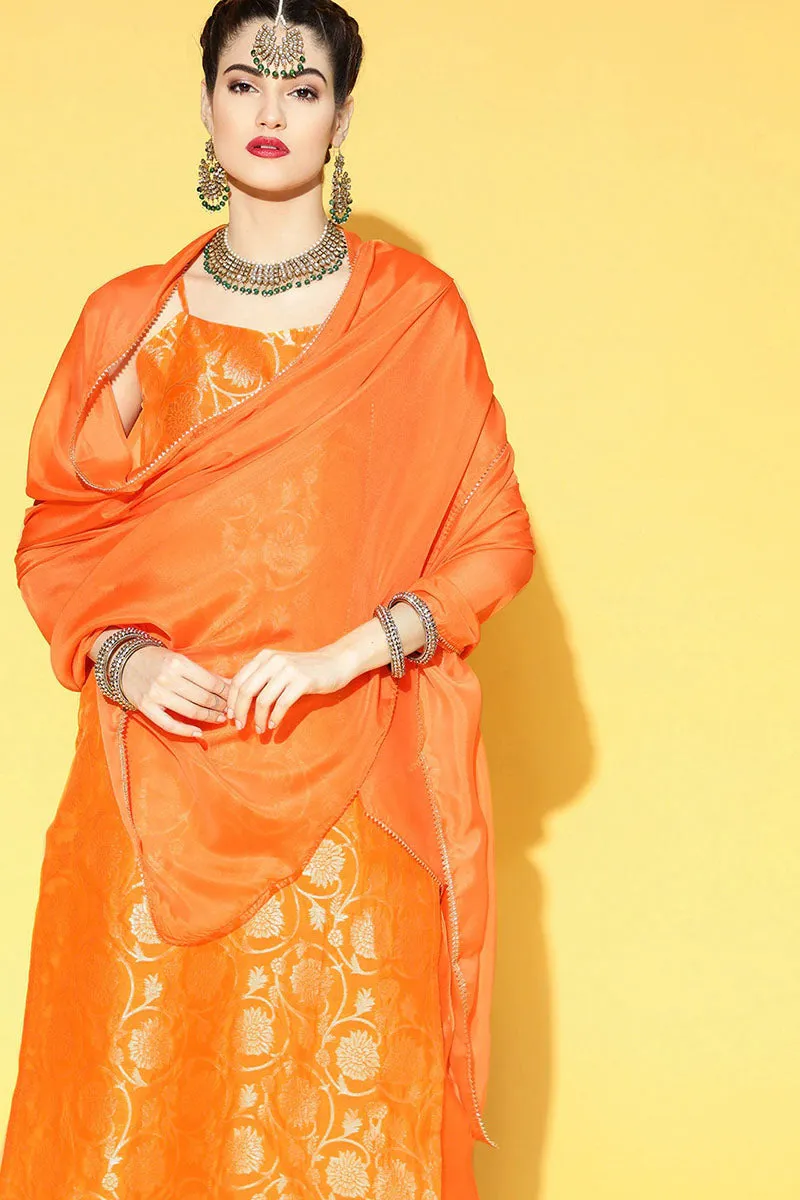 Orange Floral Cotton Kurta, Trouser Dupatta Set