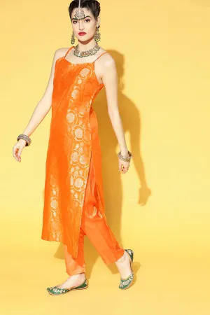 Orange Floral Cotton Kurta, Trouser Dupatta Set