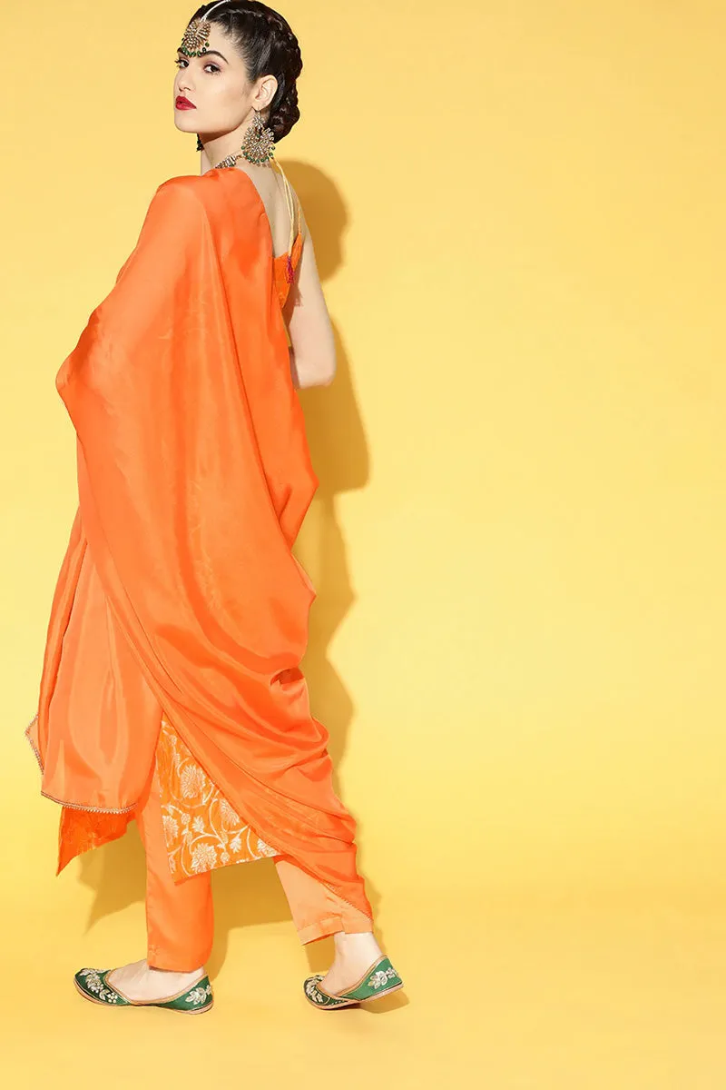 Orange Floral Cotton Kurta, Trouser Dupatta Set